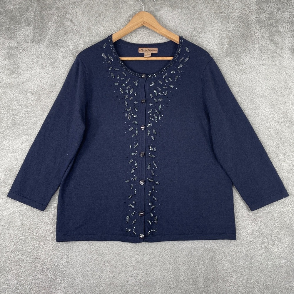 Marisa Christina Cardigan Womens XL Navy Blue Beaded Italian Merino Wool Sweater